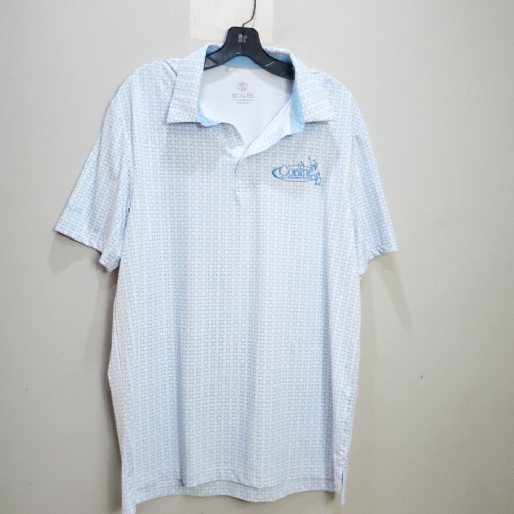 Scales Polo Shirt Men M Blue Hawiian Diamond Fish Polyester All Over Print Sport